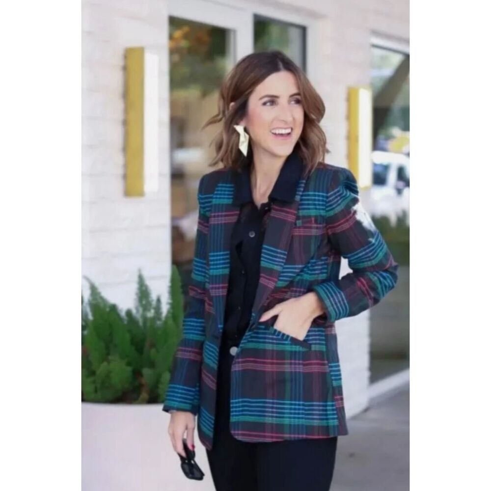 Cabi Holiday Plaid Single Button Structured Tailored Blazer Jacket M 3850 Preppy